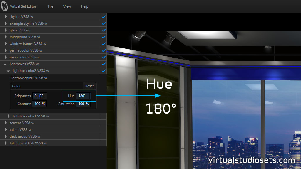 Virtual Set Editor (VSE) from NewTek. Adjusting Hue. Tutorial from virtualstudiosets.com
