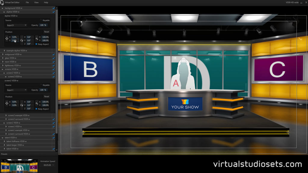 Virtual Studio Set 9 (virtualstudiosets.com) as it appears in Vizrt/NewTek Virtual Set Editor