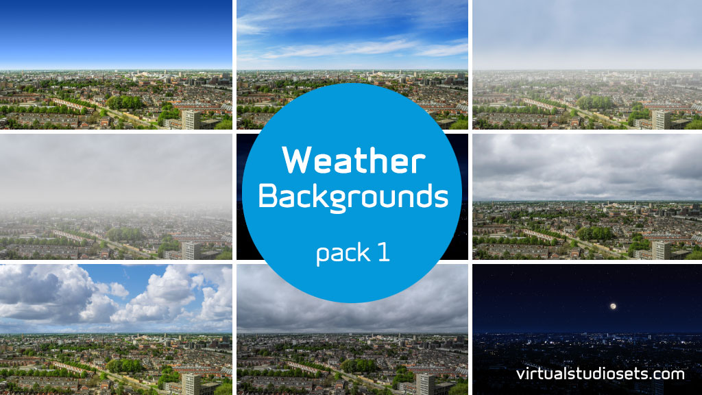 A composite image of various weather skyline backgrounds