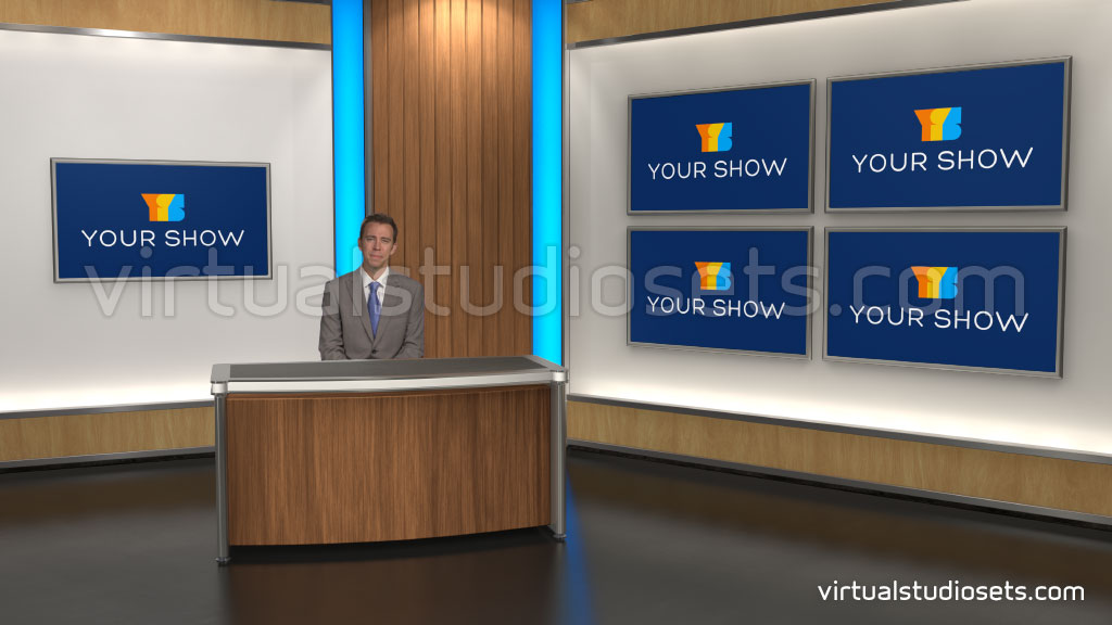 virtual set with presenter in the studio and four small screens for Zoom videos
